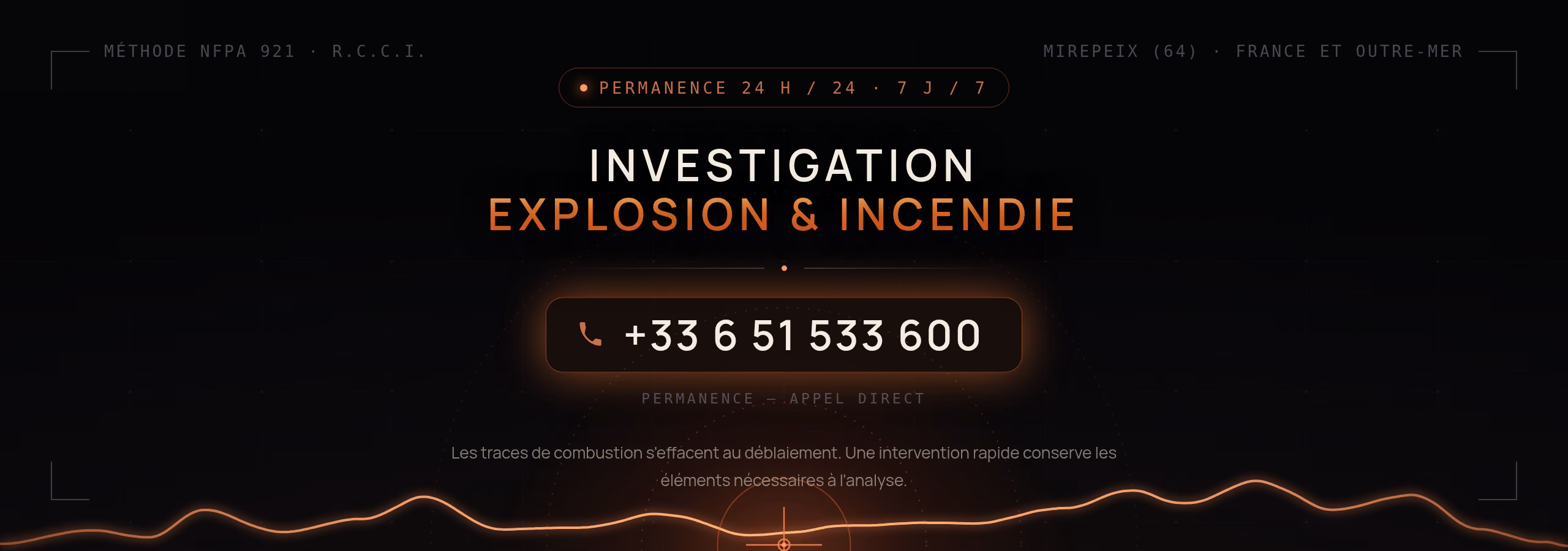 Permanence 24 h / 24 · 7 j / 7 — Investigation Explosion & Incendie — +33 6 51 533 600