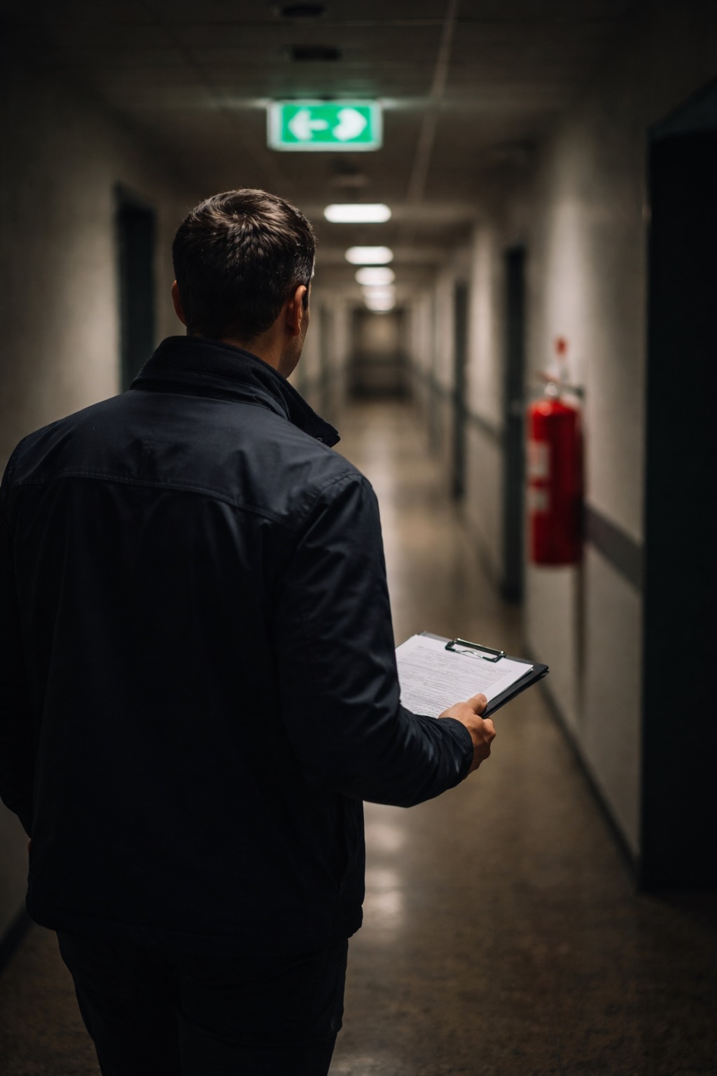Audit sécurité incendie ERP — inspection couloir avec extincteur